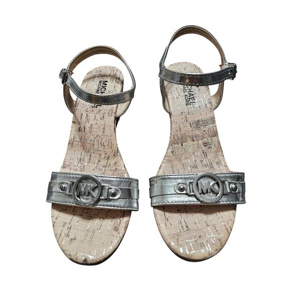 MICHAEL KORS Cate Beth MK logo Women's Size 5 Leather Cork Wedge Heel Sandals - Picture 1 of 4